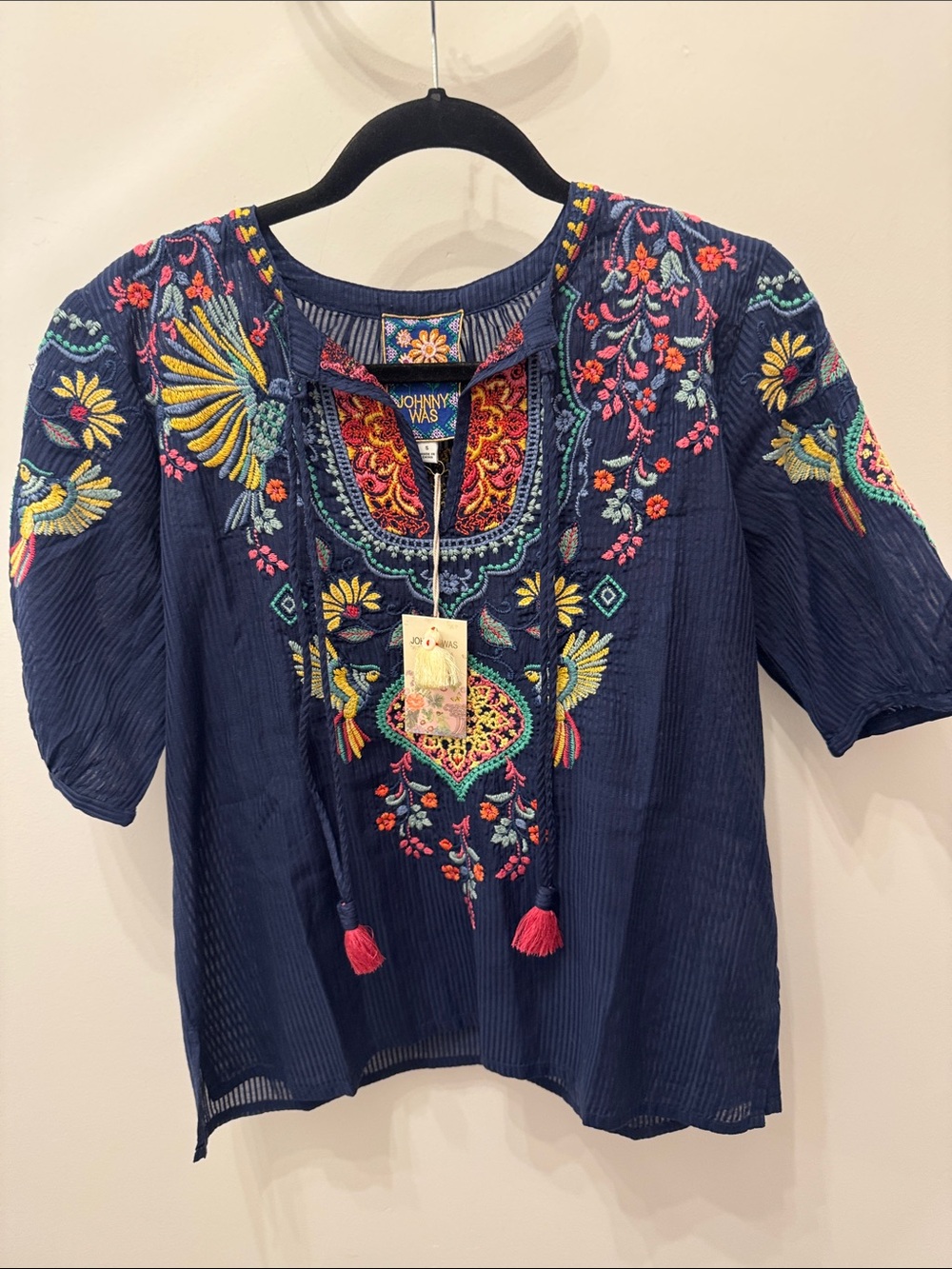 Johnny Was Navy Embroidered Tassel Peasant Blouse